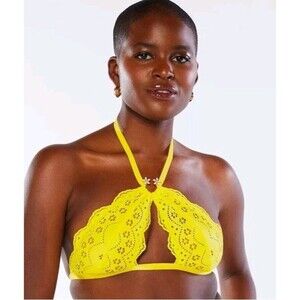 Savage x Fenty Bombshell Broderie Lace Halter Butta Yellow Bralette Size XL NWT